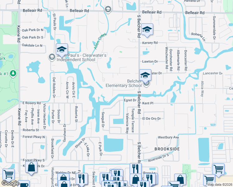 map of restaurants, bars, coffee shops, grocery stores, and more near 2149 Waterside Drive in Clearwater