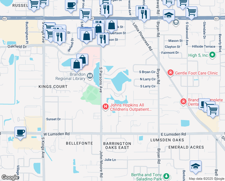 map of restaurants, bars, coffee shops, grocery stores, and more near 220 Lake Parsons Green in Brandon