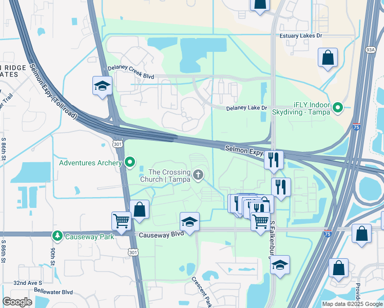 map of restaurants, bars, coffee shops, grocery stores, and more near 10101 Courtney Palms Boulevard in Tampa