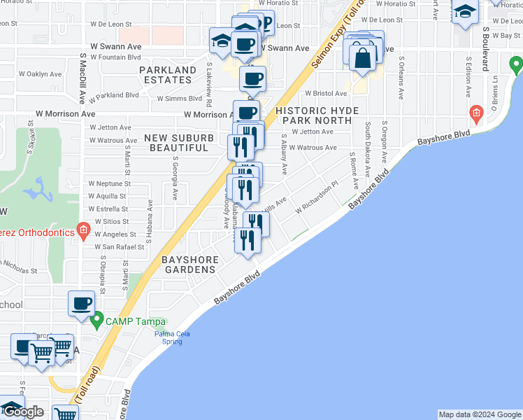 map of restaurants, bars, coffee shops, grocery stores, and more near 1401 Nance Avenue in Tampa
