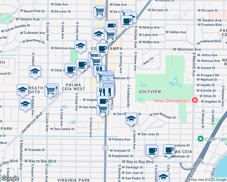 map of restaurants, bars, coffee shops, grocery stores, and more near 1048 South Clearview Avenue in Tampa