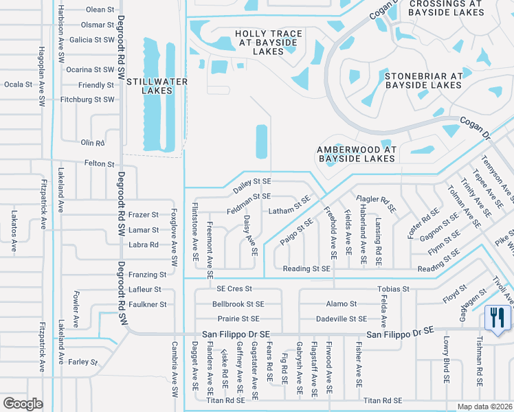 map of restaurants, bars, coffee shops, grocery stores, and more near 2618 Feise Avenue Southeast in Palm Bay