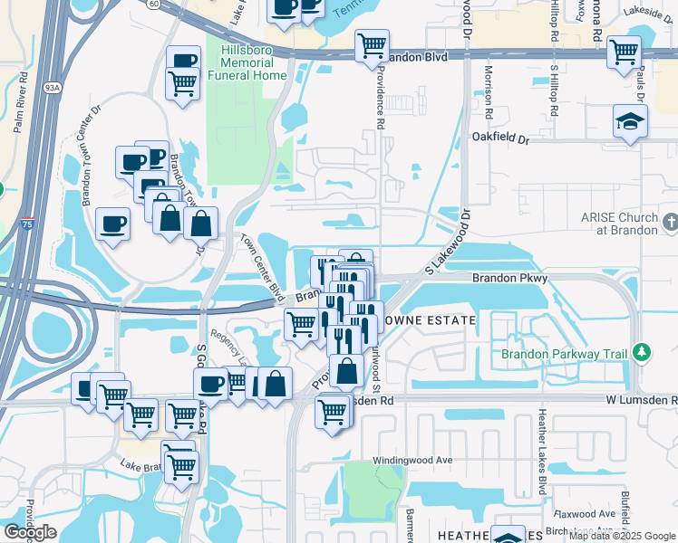 map of restaurants, bars, coffee shops, grocery stores, and more near 2032 Brandon Crossing Circle in Brandon