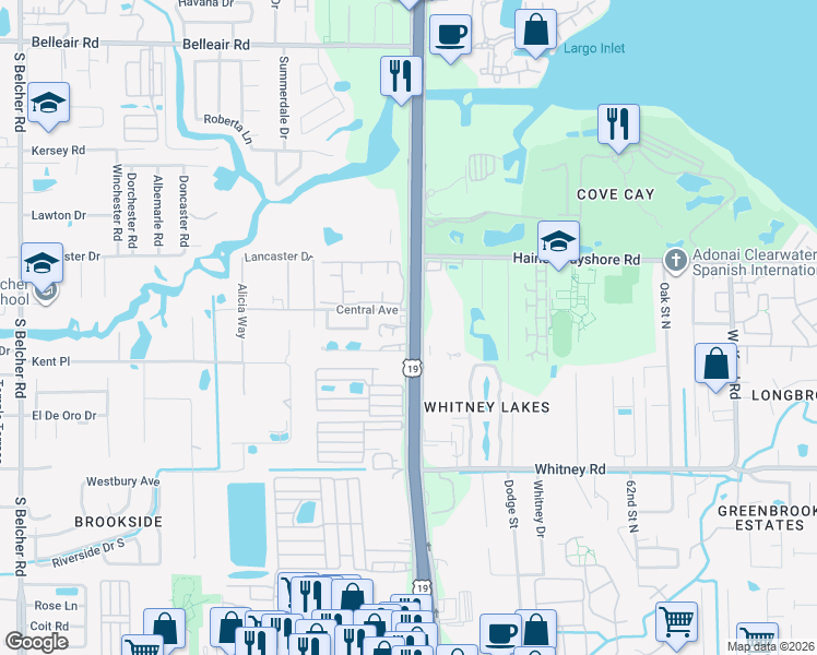 map of restaurants, bars, coffee shops, grocery stores, and more near 161 Frontage Road in Clearwater