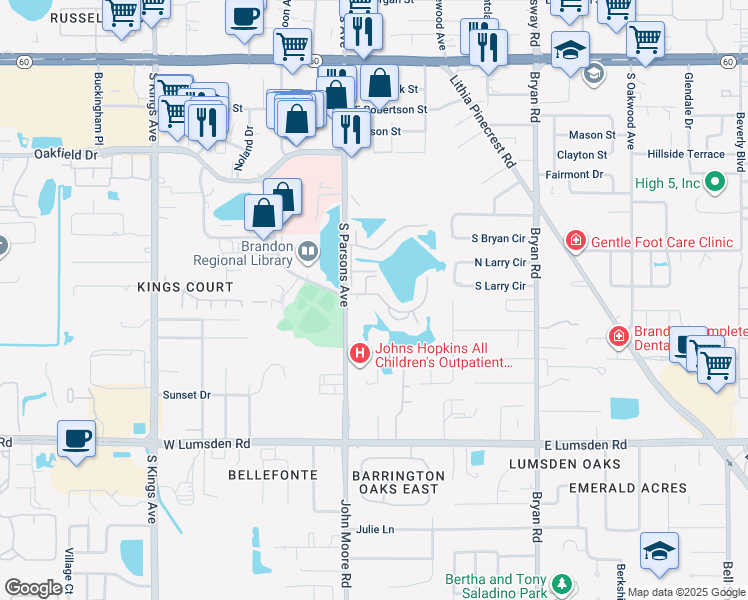 map of restaurants, bars, coffee shops, grocery stores, and more near 203 Lake Parsons Green in Brandon