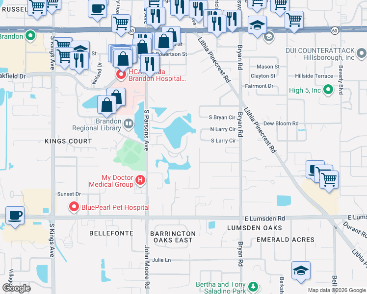 map of restaurants, bars, coffee shops, grocery stores, and more near 308 Lake Parsons Green in Brandon