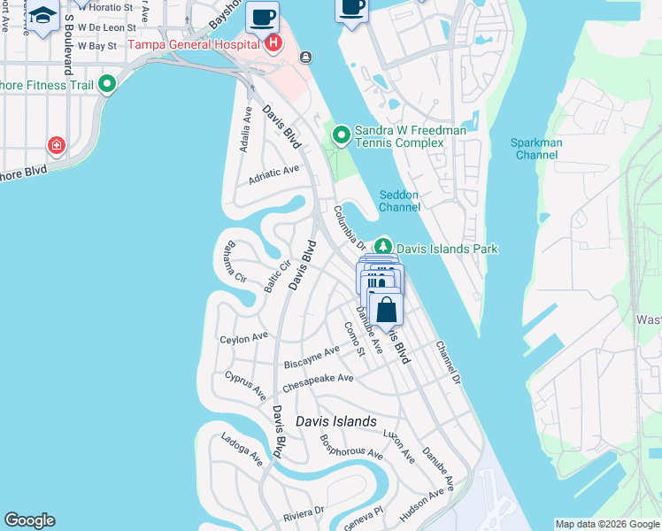 map of restaurants, bars, coffee shops, grocery stores, and more near 121 Danube Avenue in Tampa