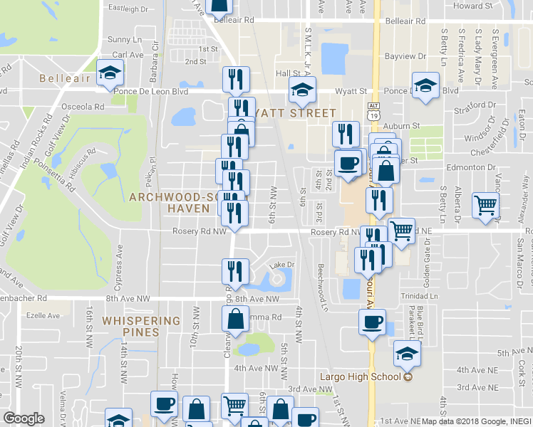 map of restaurants, bars, coffee shops, grocery stores, and more near 604 13th Avenue Northwest in Largo