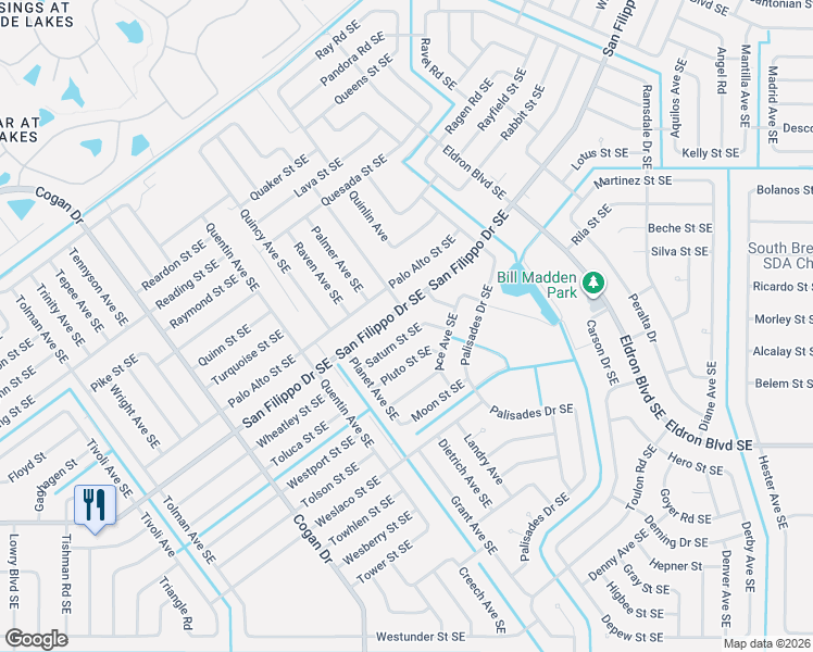 map of restaurants, bars, coffee shops, grocery stores, and more near 1161 Saturn Street Southeast in Palm Bay