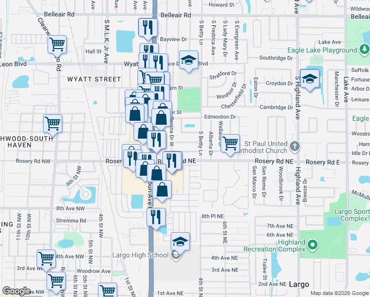 map of restaurants, bars, coffee shops, grocery stores, and more near 240 Regina Drive South in Largo