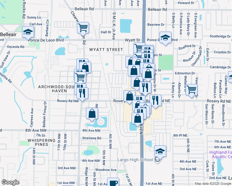 map of restaurants, bars, coffee shops, grocery stores, and more near 250 Rosery Road Northwest in Largo