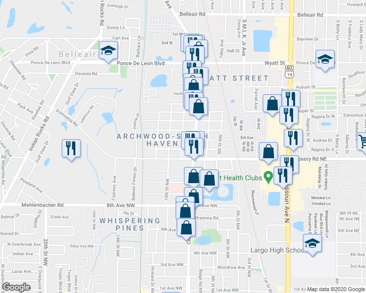 map of restaurants, bars, coffee shops, grocery stores, and more near 1300 9th Street Northwest in Largo