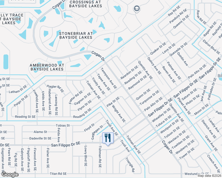 map of restaurants, bars, coffee shops, grocery stores, and more near 2695 Tepee Avenue Southeast in Palm Bay