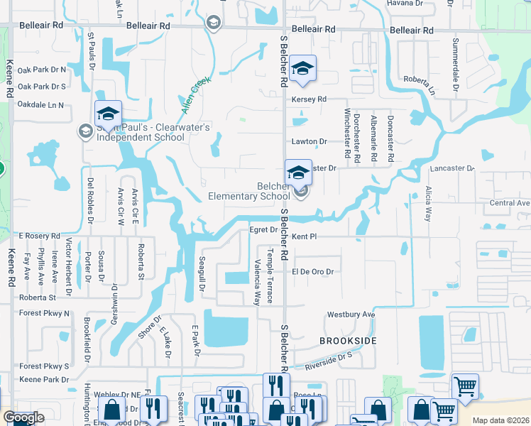 map of restaurants, bars, coffee shops, grocery stores, and more near 2179 Waterside Drive in Clearwater