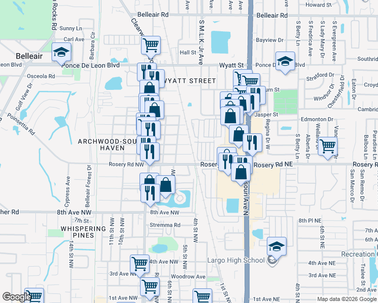 map of restaurants, bars, coffee shops, grocery stores, and more near 504 13th Avenue Northwest in Largo