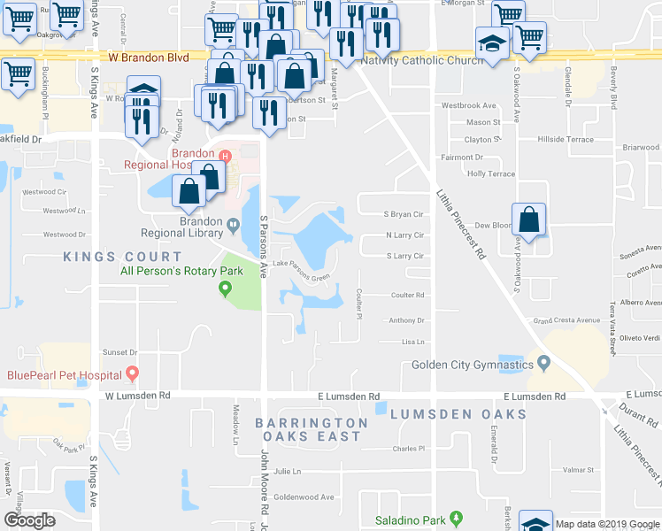map of restaurants, bars, coffee shops, grocery stores, and more near 308 Lake Parsons Green in Brandon