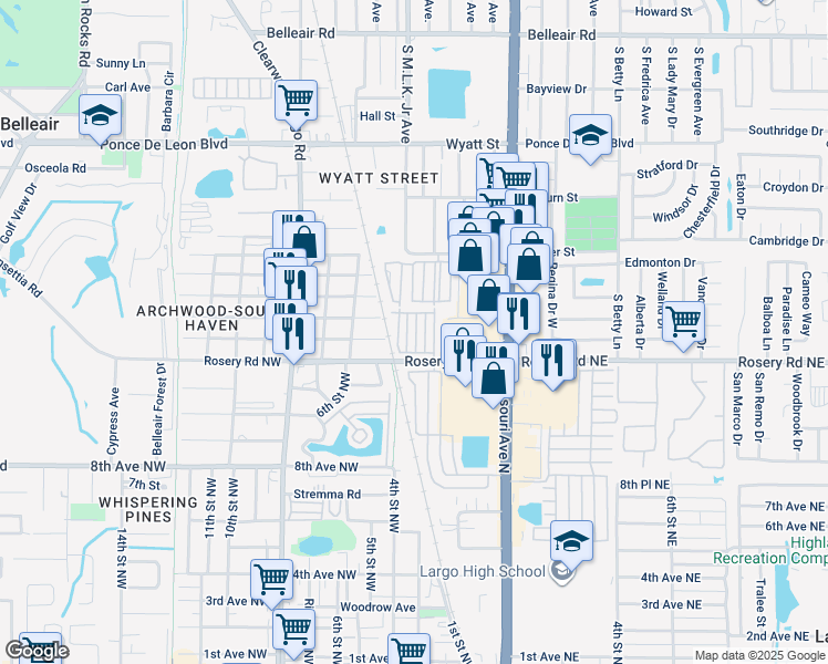 map of restaurants, bars, coffee shops, grocery stores, and more near 250 Rosery Road Northwest in Largo