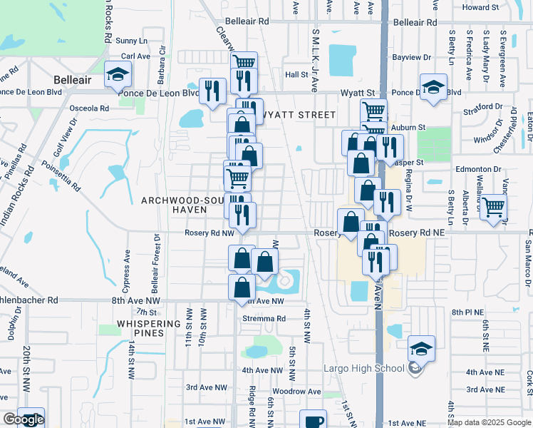 map of restaurants, bars, coffee shops, grocery stores, and more near 604 13th Avenue Northwest in Largo