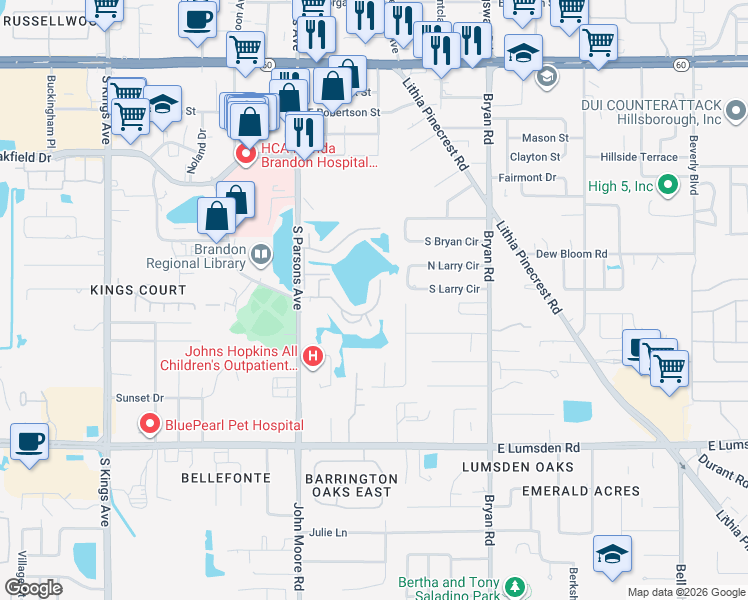 map of restaurants, bars, coffee shops, grocery stores, and more near 308 Lake Parsons Green in Brandon