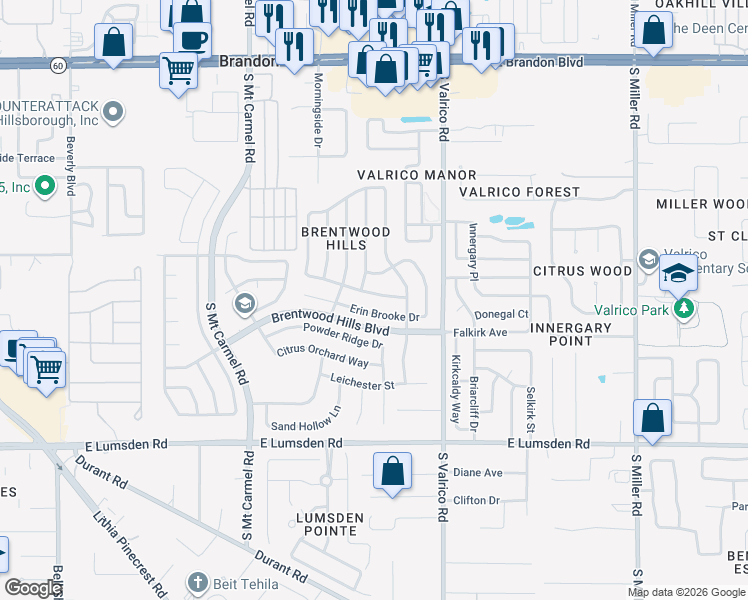 map of restaurants, bars, coffee shops, grocery stores, and more near 317 Sand Ridge Drive in Valrico
