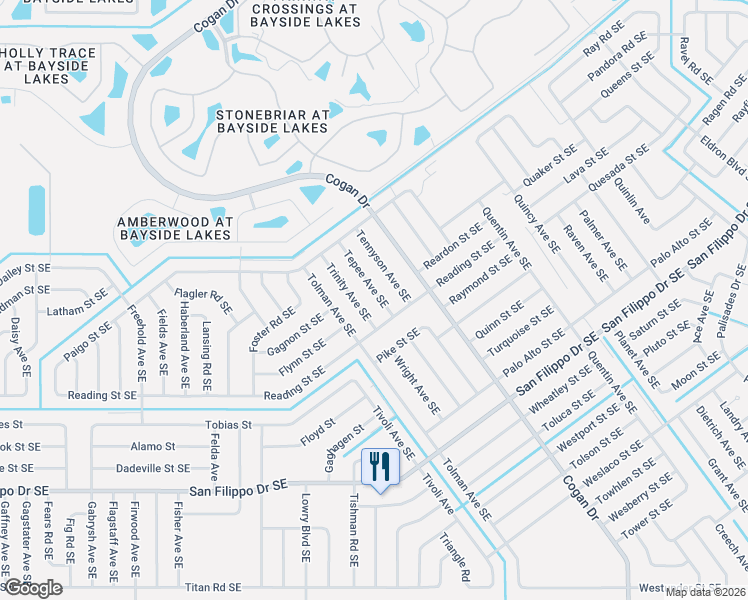 map of restaurants, bars, coffee shops, grocery stores, and more near 2695 Tepee Avenue Southeast in Palm Bay