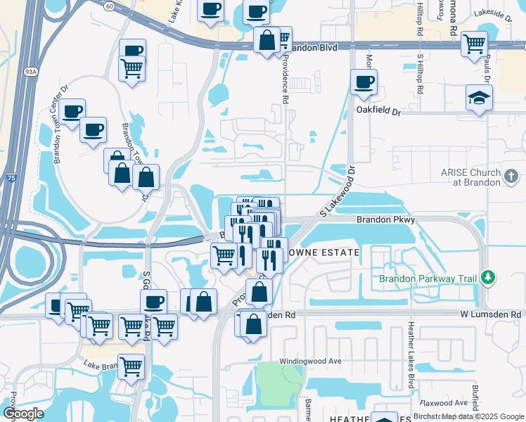 map of restaurants, bars, coffee shops, grocery stores, and more near 2028 Brandon Crossing Circle in Brandon