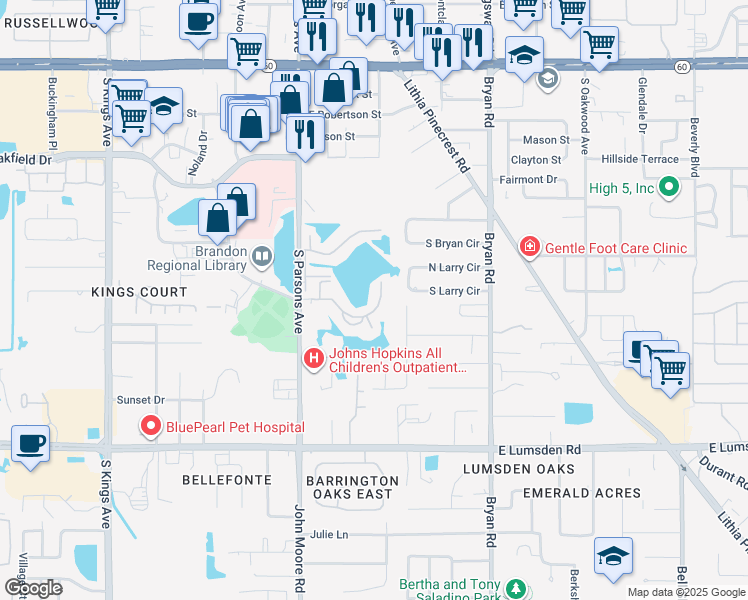 map of restaurants, bars, coffee shops, grocery stores, and more near 308 Lake Parsons Green in Brandon