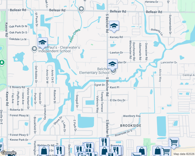 map of restaurants, bars, coffee shops, grocery stores, and more near 2179 Waterside Drive in Clearwater