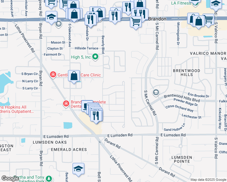 map of restaurants, bars, coffee shops, grocery stores, and more near 1014 Coretto Avenue in Brandon