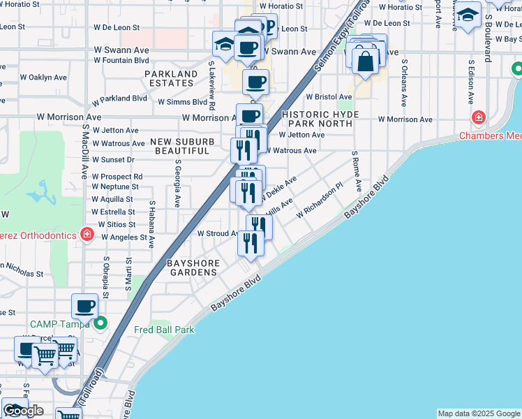 map of restaurants, bars, coffee shops, grocery stores, and more near 1401 Nance Avenue in Tampa