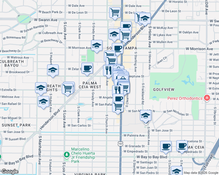 map of restaurants, bars, coffee shops, grocery stores, and more near 1522 South Church Avenue in Tampa