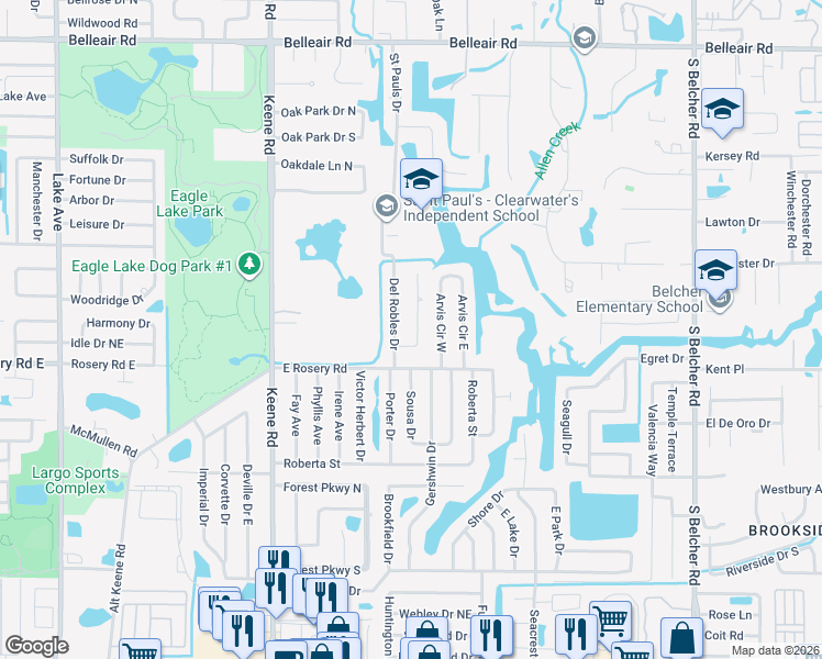 map of restaurants, bars, coffee shops, grocery stores, and more near 1883 Del Robles Terrace in Clearwater
