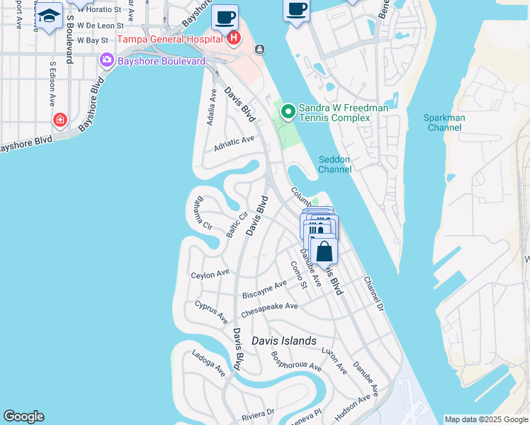 map of restaurants, bars, coffee shops, grocery stores, and more near 124 Bosphorous Avenue in Tampa