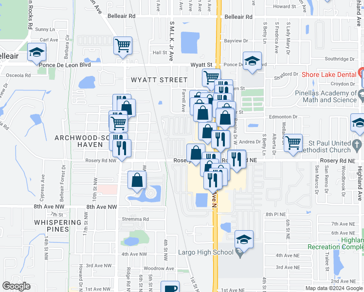 map of restaurants, bars, coffee shops, grocery stores, and more near 250 Rosery Road Northwest in Largo