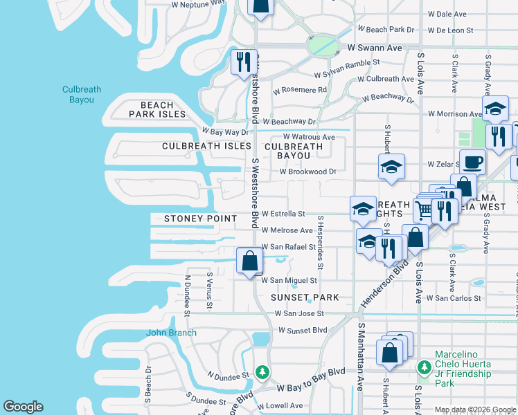 map of restaurants, bars, coffee shops, grocery stores, and more near 4717 West Estrella Street in Tampa