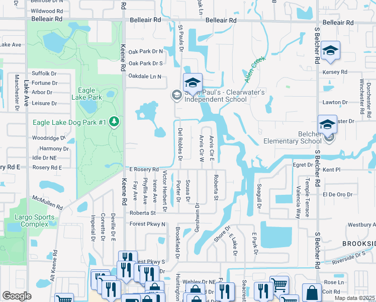 map of restaurants, bars, coffee shops, grocery stores, and more near 1883 Del Robles Terrace in Clearwater