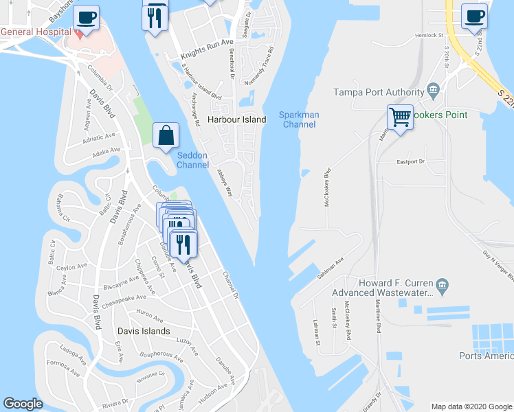 map of restaurants, bars, coffee shops, grocery stores, and more near 1464 Harbour Walk Road in Tampa