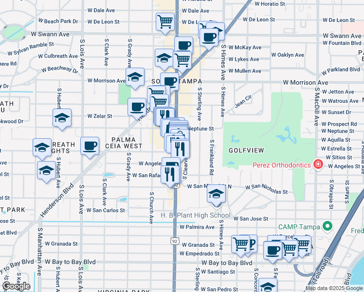 map of restaurants, bars, coffee shops, grocery stores, and more near 1547 South Dale Mabry Highway in Tampa