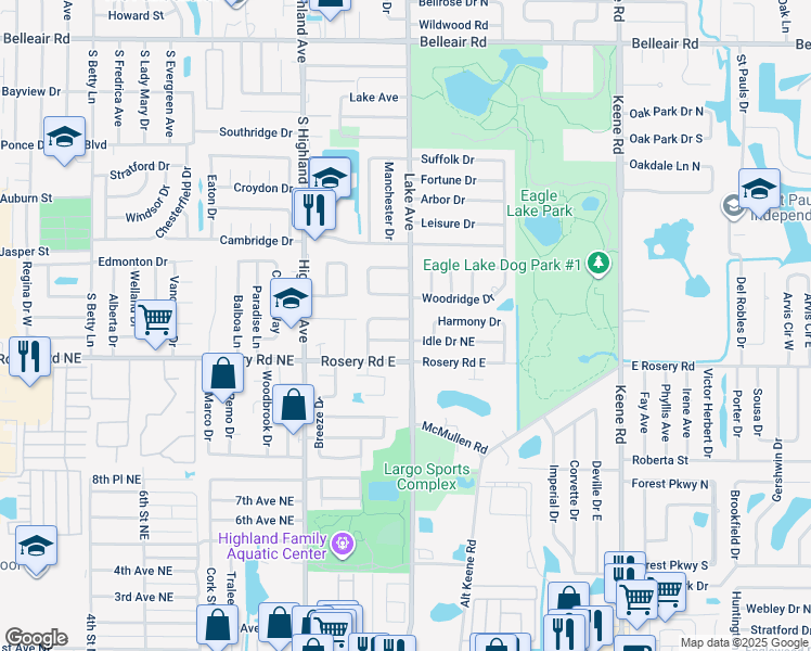 map of restaurants, bars, coffee shops, grocery stores, and more near 1586 Idle Drive Northeast in Clearwater