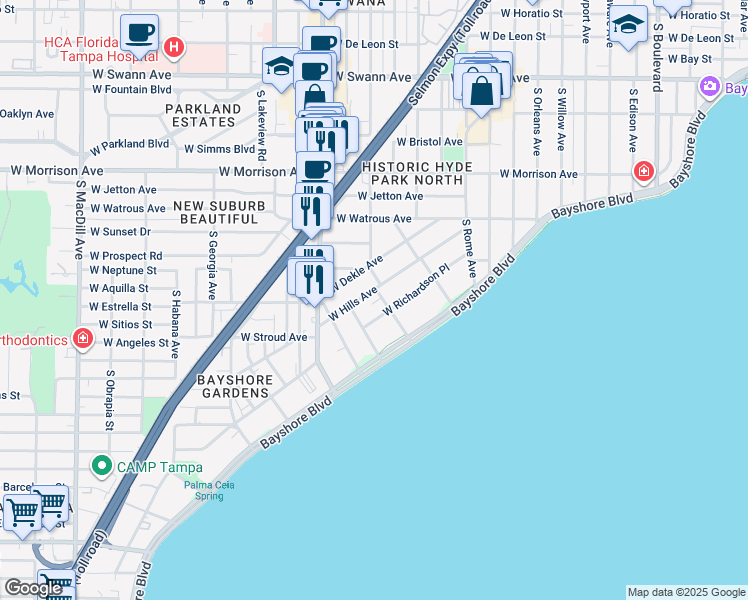 map of restaurants, bars, coffee shops, grocery stores, and more near 1411 South Albany Avenue in Tampa