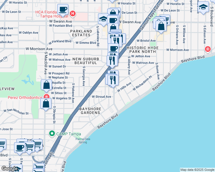 map of restaurants, bars, coffee shops, grocery stores, and more near in Tampa