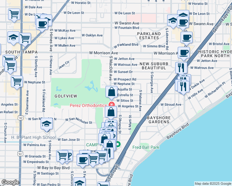 map of restaurants, bars, coffee shops, grocery stores, and more near 3008 West Estrella Street in Tampa