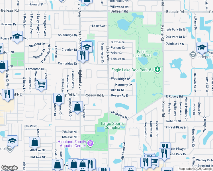 map of restaurants, bars, coffee shops, grocery stores, and more near 1586 Idle Drive Northeast in Clearwater