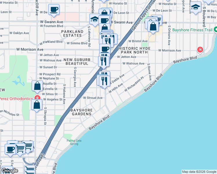 map of restaurants, bars, coffee shops, grocery stores, and more near in Tampa