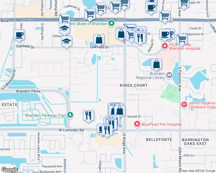 map of restaurants, bars, coffee shops, grocery stores, and more near 713 Debra Lynne Drive in Brandon