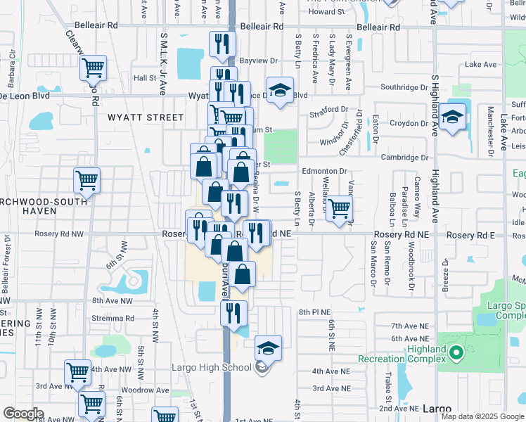 map of restaurants, bars, coffee shops, grocery stores, and more near 209 Andrea Drive in Largo