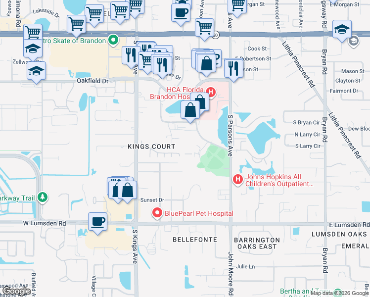 map of restaurants, bars, coffee shops, grocery stores, and more near 321 Summer Clouds Place in Brandon