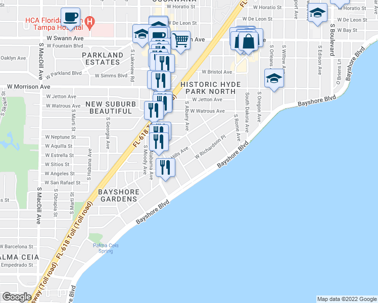map of restaurants, bars, coffee shops, grocery stores, and more near 1411 South Albany Avenue in Tampa