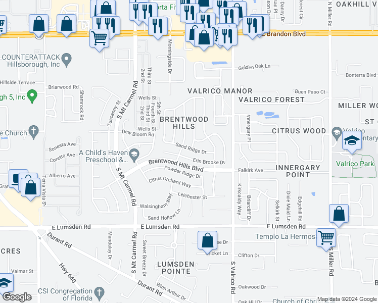 map of restaurants, bars, coffee shops, grocery stores, and more near 327 Sand Ridge Drive in Valrico