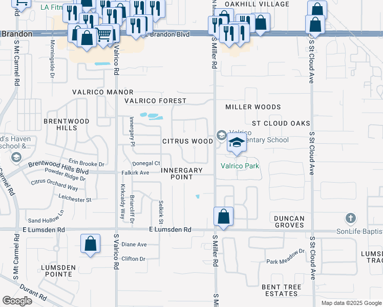 map of restaurants, bars, coffee shops, grocery stores, and more near 708 Charter Wood Place in Valrico